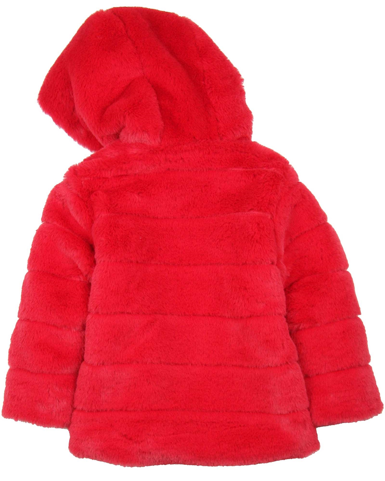 red hooded faux fur coat